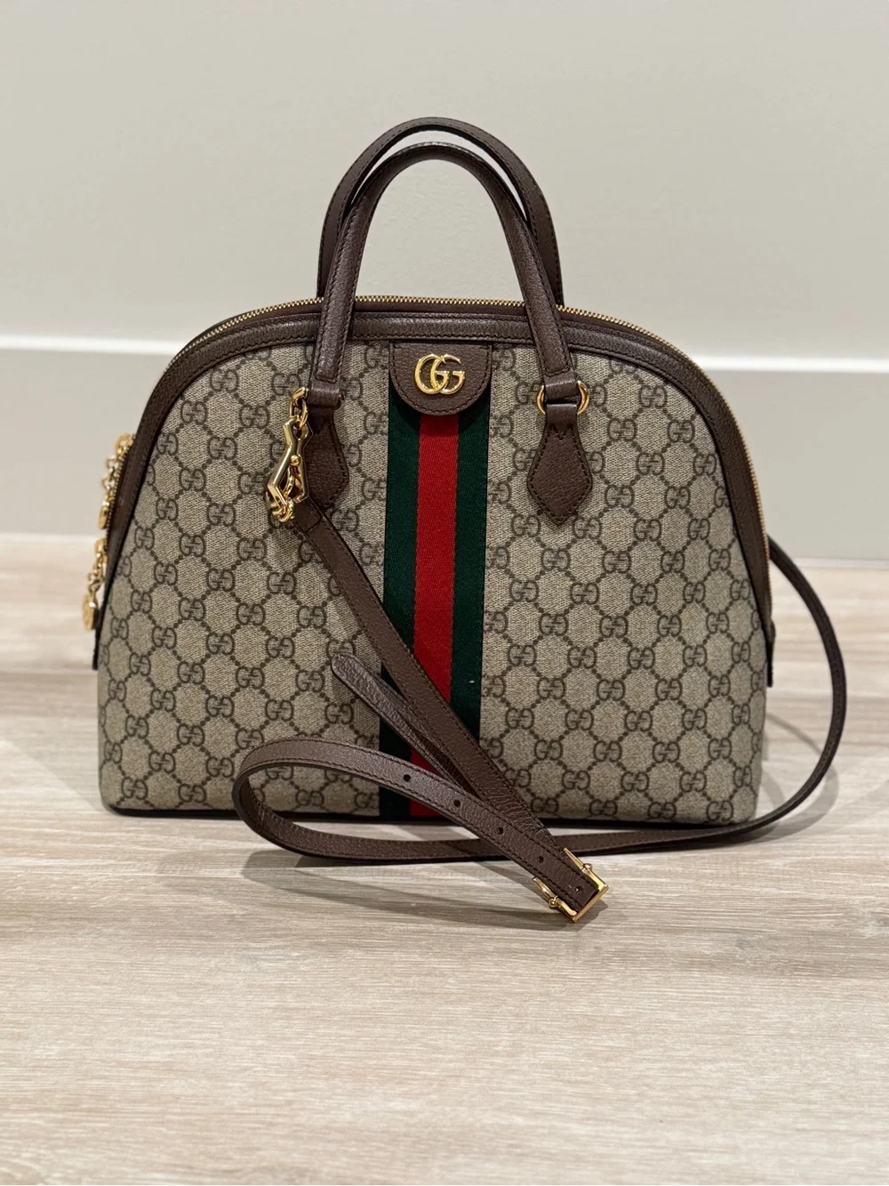 Gucci Brown/Beige GG Canvas Satchel with Green-Red Web Stripe